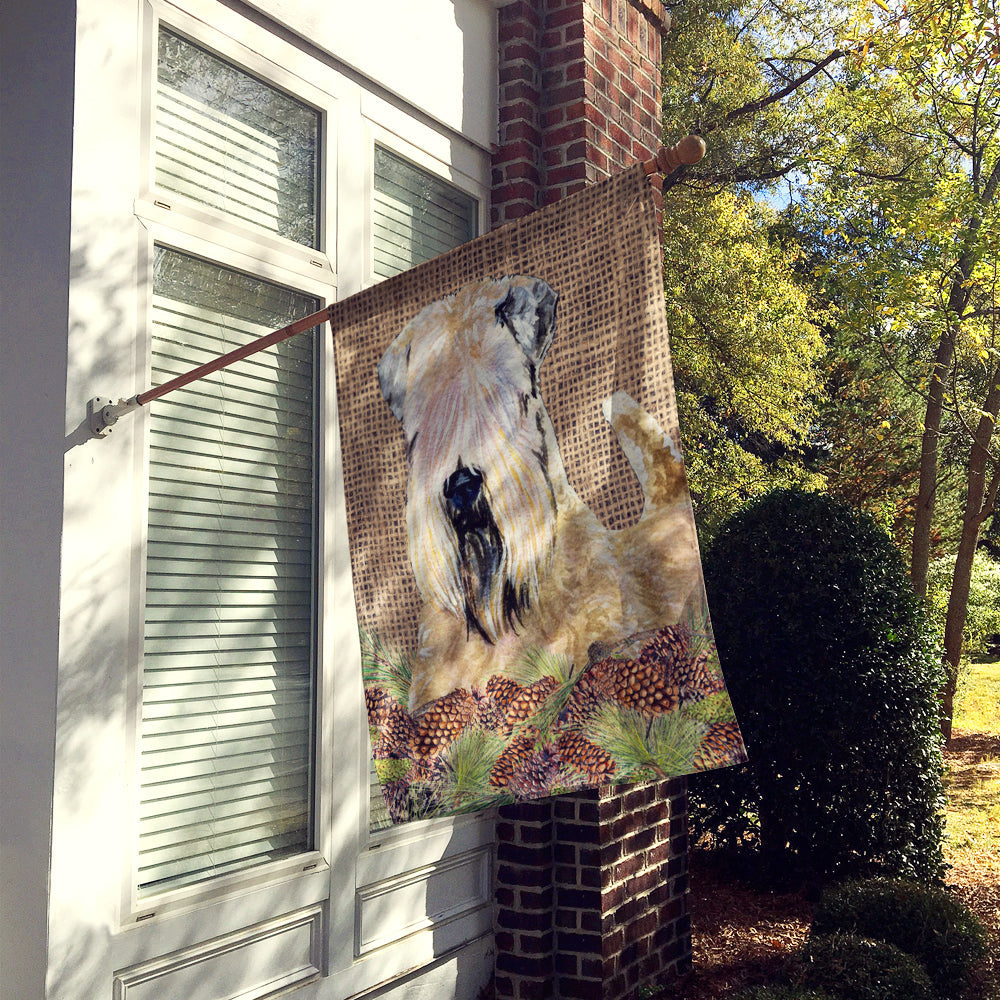 Wheaten Terrier Soft Coated on Faux Burlap with Pine Cones House Flag 28x40 Porch Sleeve Pole Decorative Outside Yard Banner Artwork Wall Hanging, Polyester