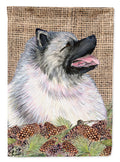 Keeshond on Faux Burlap with Pine Cones House Flag 28x40 Porch Sleeve Pole Decorative Outside Yard Banner Artwork Wall Hanging, Polyester