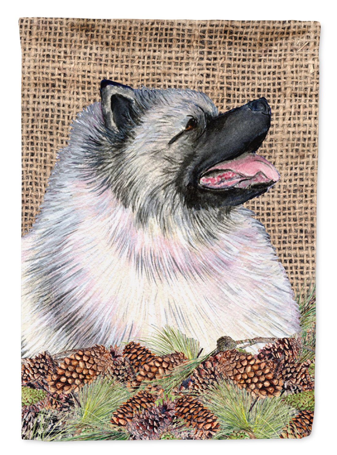 Keeshond on Faux Burlap with Pine Cones House Flag 28x40 Porch Sleeve Pole Decorative Outside Yard Banner Artwork Wall Hanging, Polyester