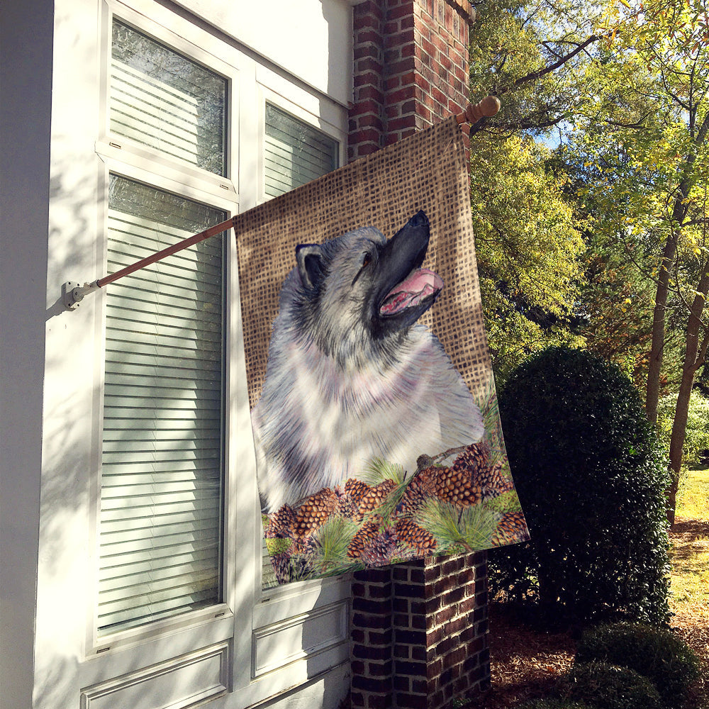 Keeshond on Faux Burlap with Pine Cones House Flag 28x40 Porch Sleeve Pole Decorative Outside Yard Banner Artwork Wall Hanging, Polyester