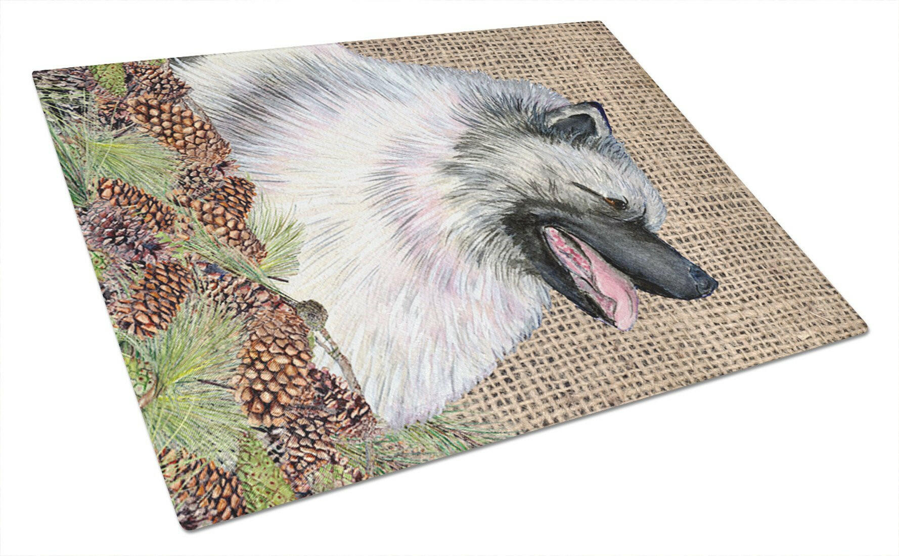 Keeshond on Faux Burlap with Pine Cones Cutting Board Tempered Glass Kitchen Cutting Surface, Heat Resistant Chopping, Non-Slip Feet, Food Prep & Serving