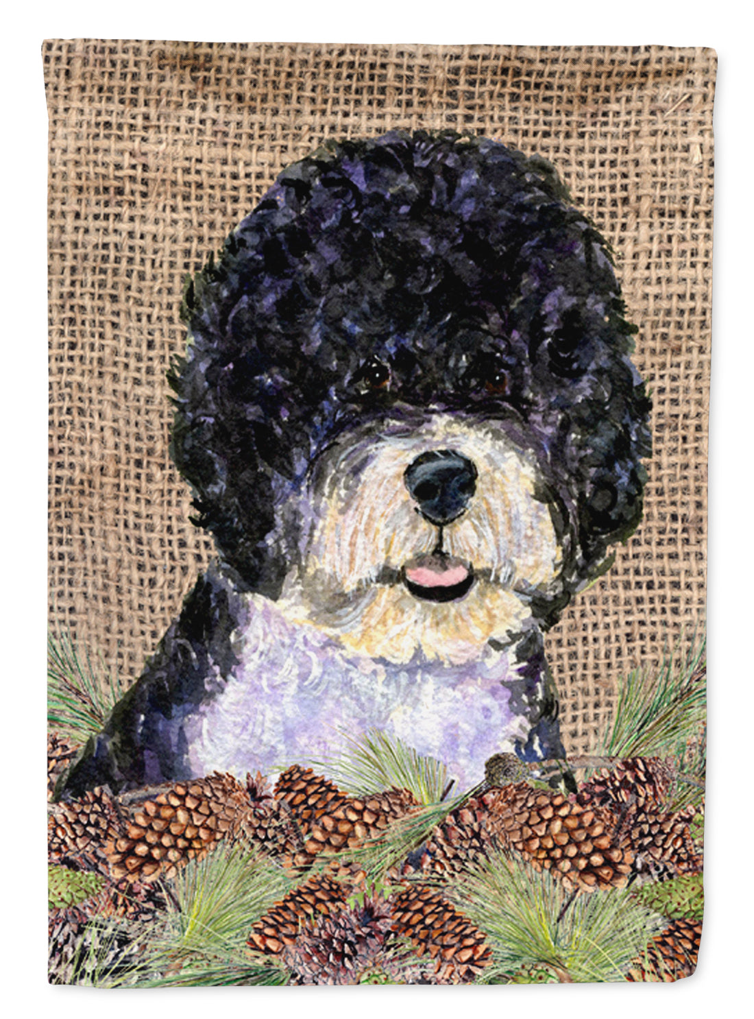 Portuguese Water Dog on Faux Burlap with Pine Cones House Flag 28x40 Porch Sleeve Pole Decorative Outside Yard Banner Artwork Wall Hanging, Polyester