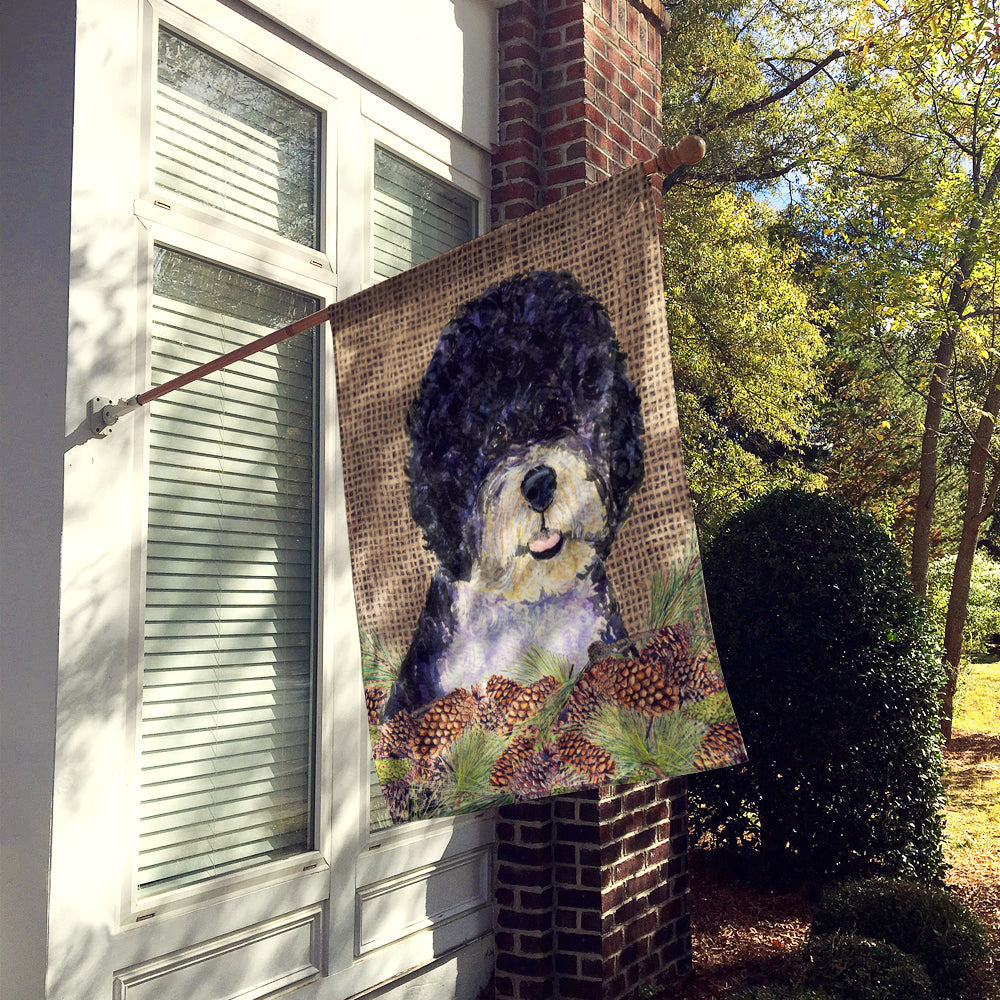 Portuguese Water Dog on Faux Burlap with Pine Cones House Flag 28x40 Porch Sleeve Pole Decorative Outside Yard Banner Artwork Wall Hanging, Polyester