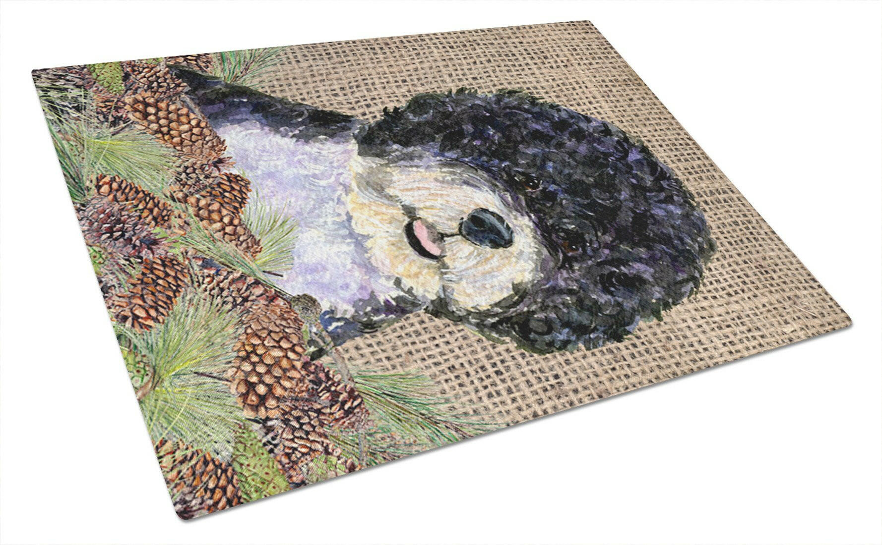 Portuguese Water Dog on Faux Burlap with Pine Cones Cutting Board Tempered Glass Kitchen Cutting Surface, Heat Resistant Chopping, Non-Slip Feet, Food Prep & Serving
