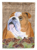 Bulldog English on Faux Burlap with Pine Cones House Flag 28x40 Porch Sleeve Pole Decorative Outside Yard Banner Artwork Wall Hanging, Polyester