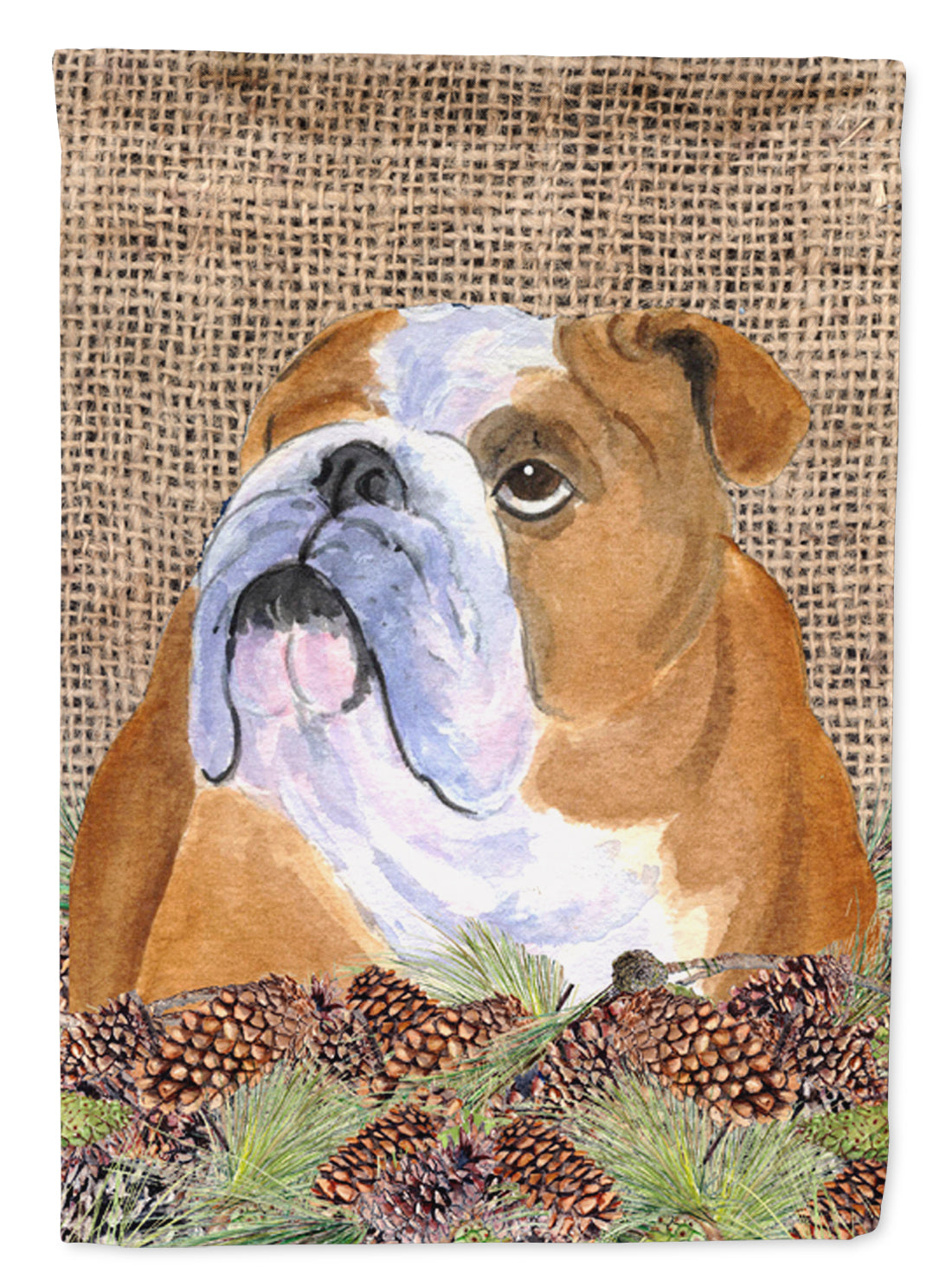 Bulldog English on Faux Burlap with Pine Cones House Flag 28x40 Porch Sleeve Pole Decorative Outside Yard Banner Artwork Wall Hanging, Polyester
