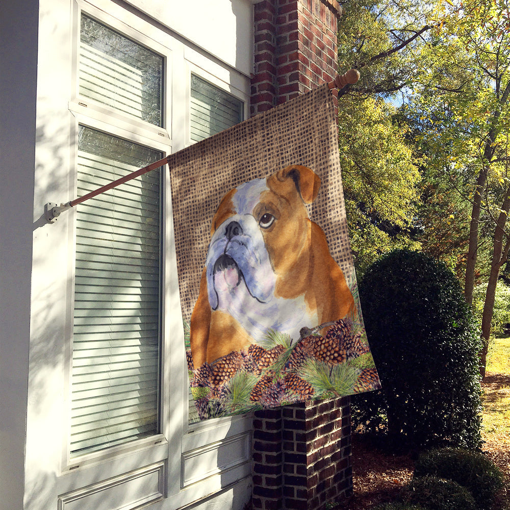 Bulldog English on Faux Burlap with Pine Cones House Flag 28x40 Porch Sleeve Pole Decorative Outside Yard Banner Artwork Wall Hanging, Polyester