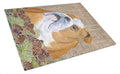 Bulldog English on Faux Burlap with Pine Cones Cutting Board Tempered Glass Kitchen Cutting Surface, Heat Resistant Chopping, Non-Slip Feet, Food Prep & Serving