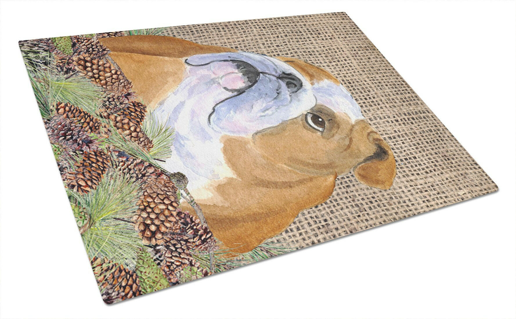 Bulldog English on Faux Burlap with Pine Cones Cutting Board Tempered Glass Kitchen Cutting Surface, Heat Resistant Chopping, Non-Slip Feet, Food Prep & Serving
