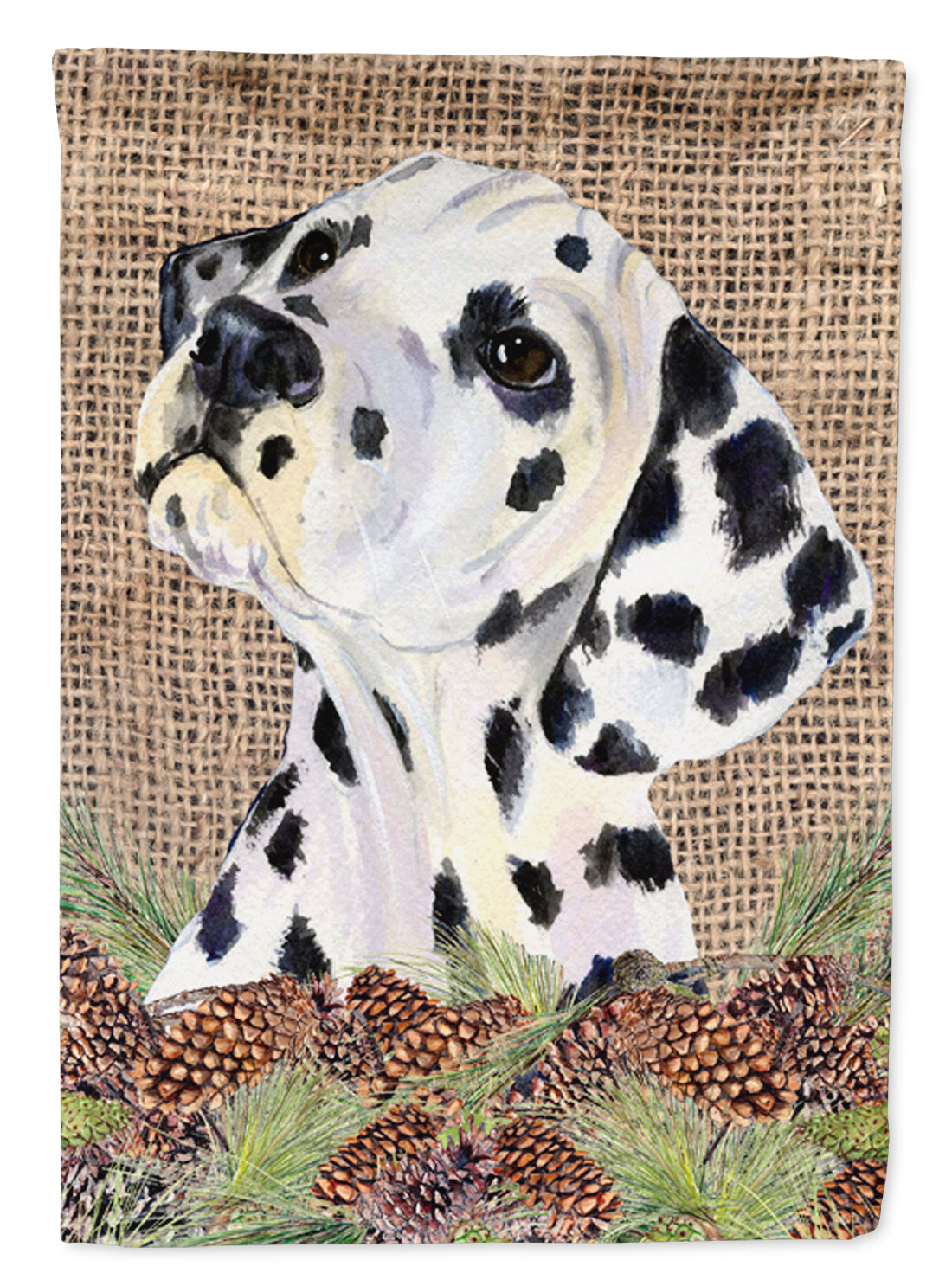 Dalmatian on Faux Burlap with Pine Cones House Flag 28x40 Porch Sleeve Pole Decorative Outside Yard Banner Artwork Wall Hanging, Polyester