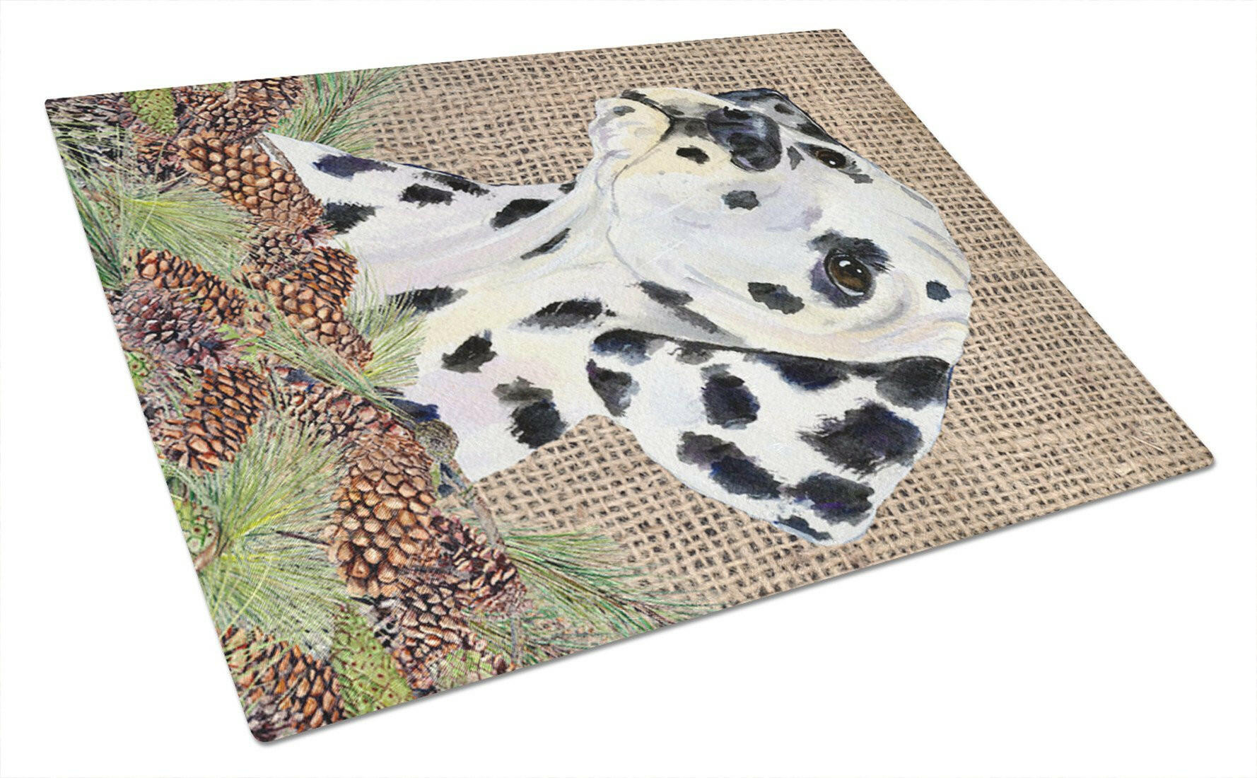 Dalmatian on Faux Burlap with Pine Cones Cutting Board Tempered Glass Kitchen Cutting Surface, Heat Resistant Chopping, Non-Slip Feet, Food Prep & Serving