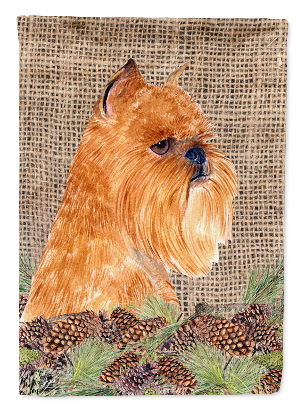 Brussels Griffon on Faux Burlap with Pine Cones House Flag 28x40 Porch Sleeve Pole Decorative Outside Yard Banner Artwork Wall Hanging, Polyester