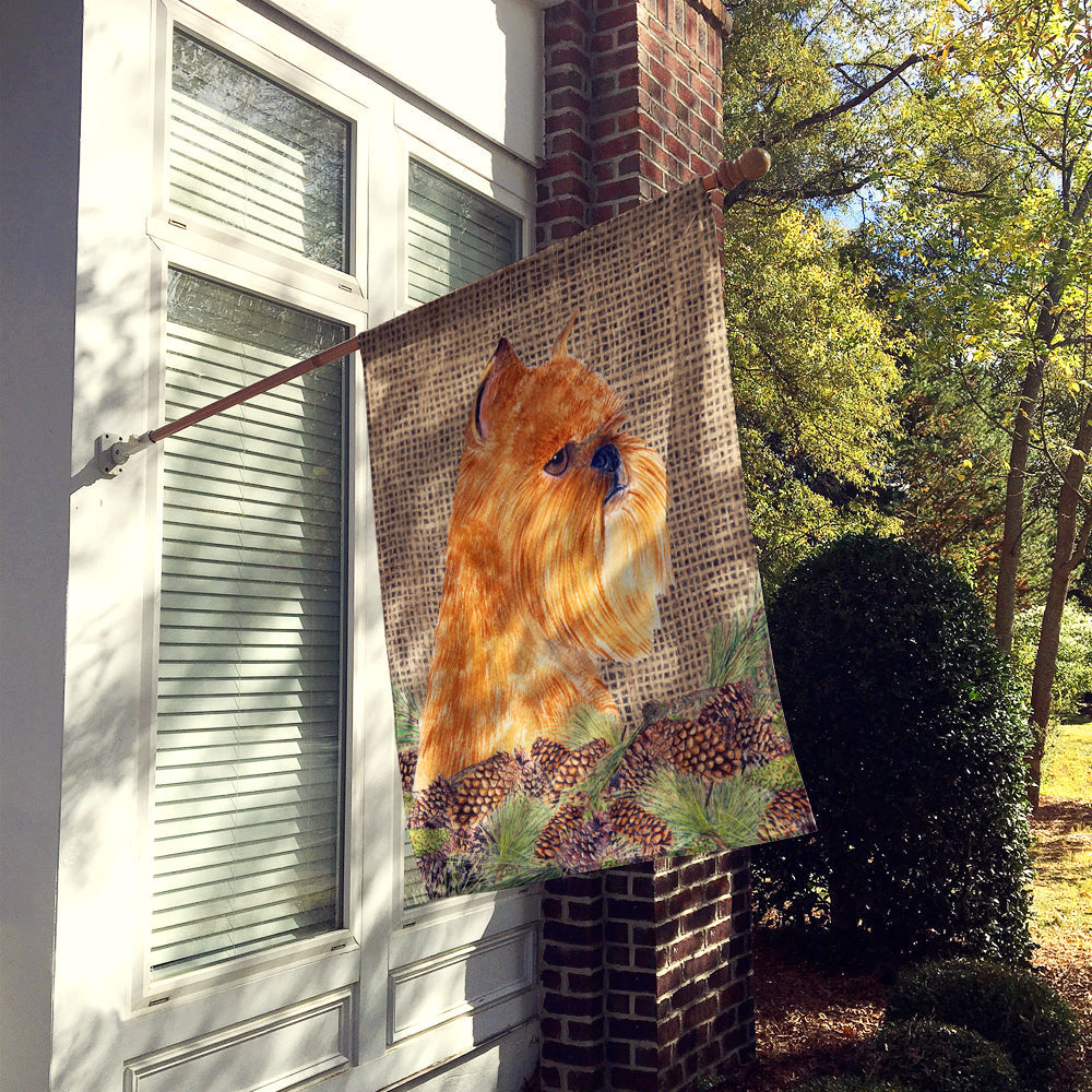 Brussels Griffon on Faux Burlap with Pine Cones House Flag 28x40 Porch Sleeve Pole Decorative Outside Yard Banner Artwork Wall Hanging, Polyester