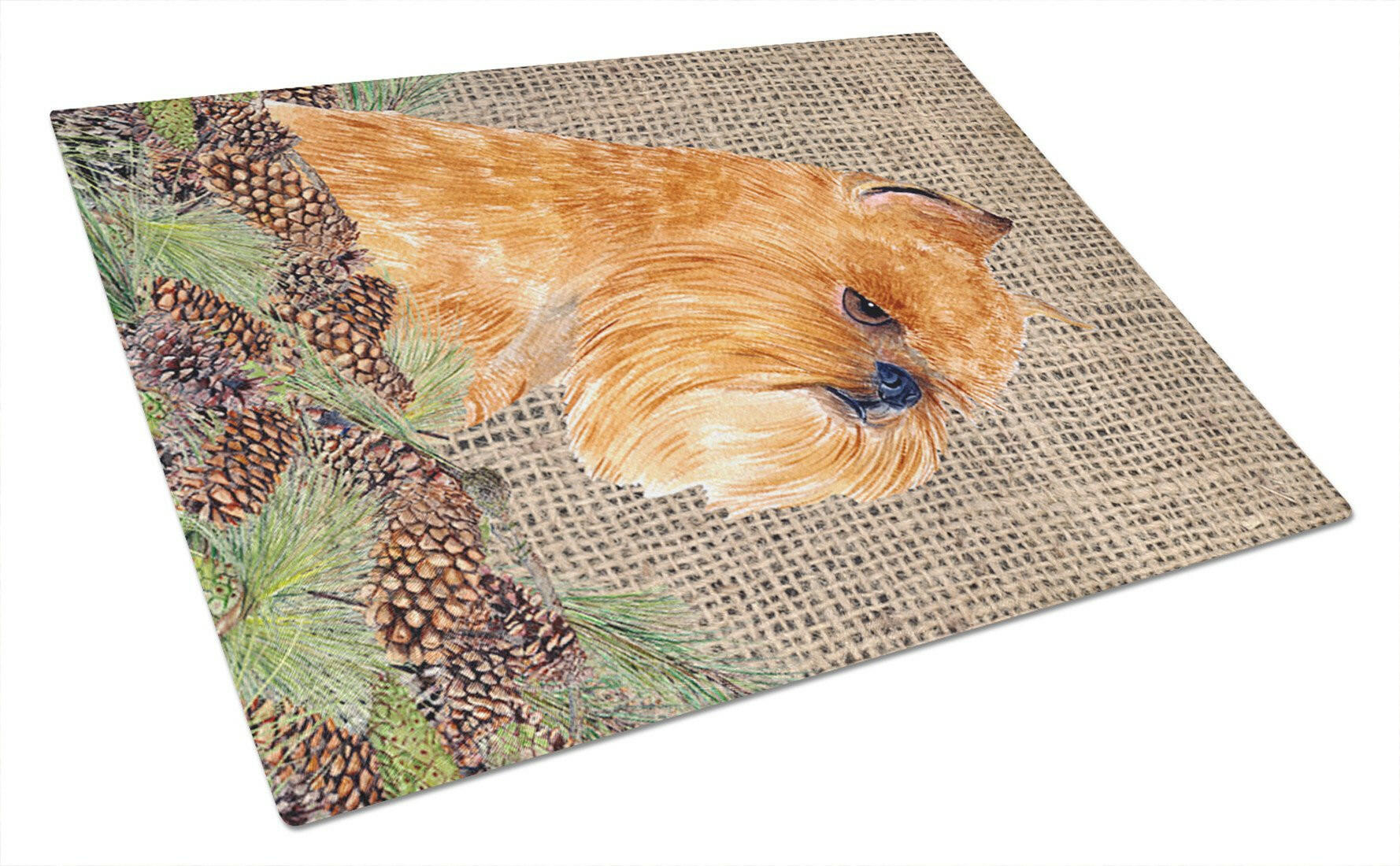 Brussels Griffon on Faux Burlap with Pine Cones Cutting Board Tempered Glass Kitchen Cutting Surface, Heat Resistant Chopping, Non-Slip Feet, Food Prep & Serving