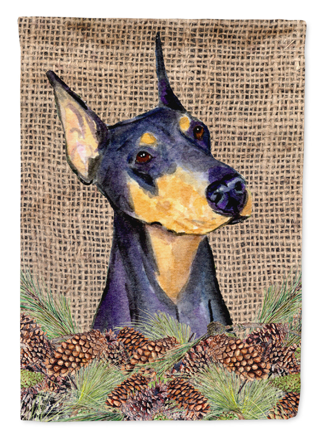 Doberman on Faux Burlap with Pine Cones House Flag 28x40 Porch Sleeve Pole Decorative Outside Yard Banner Artwork Wall Hanging, Polyester