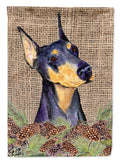 Doberman on Faux Burlap with Pine Cones House Flag 28x40 Porch Sleeve Pole Decorative Outside Yard Banner Artwork Wall Hanging, Polyester