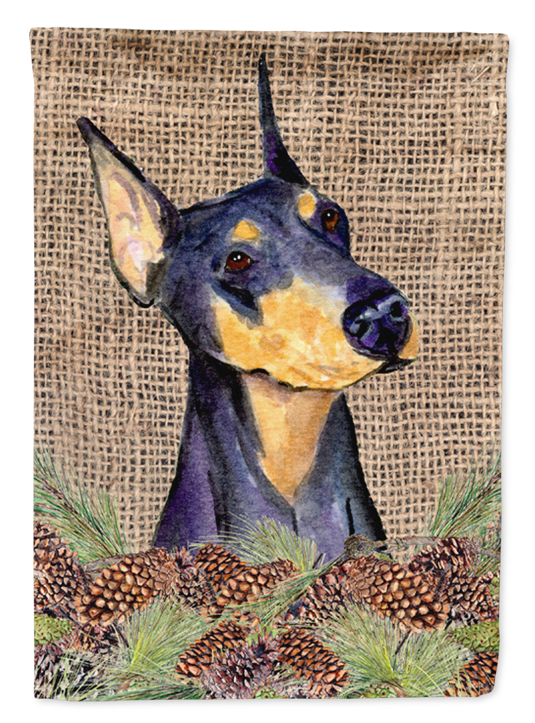 Doberman on Faux Burlap with Pine Cones House Flag 28x40 Porch Sleeve Pole Decorative Outside Yard Banner Artwork Wall Hanging, Polyester