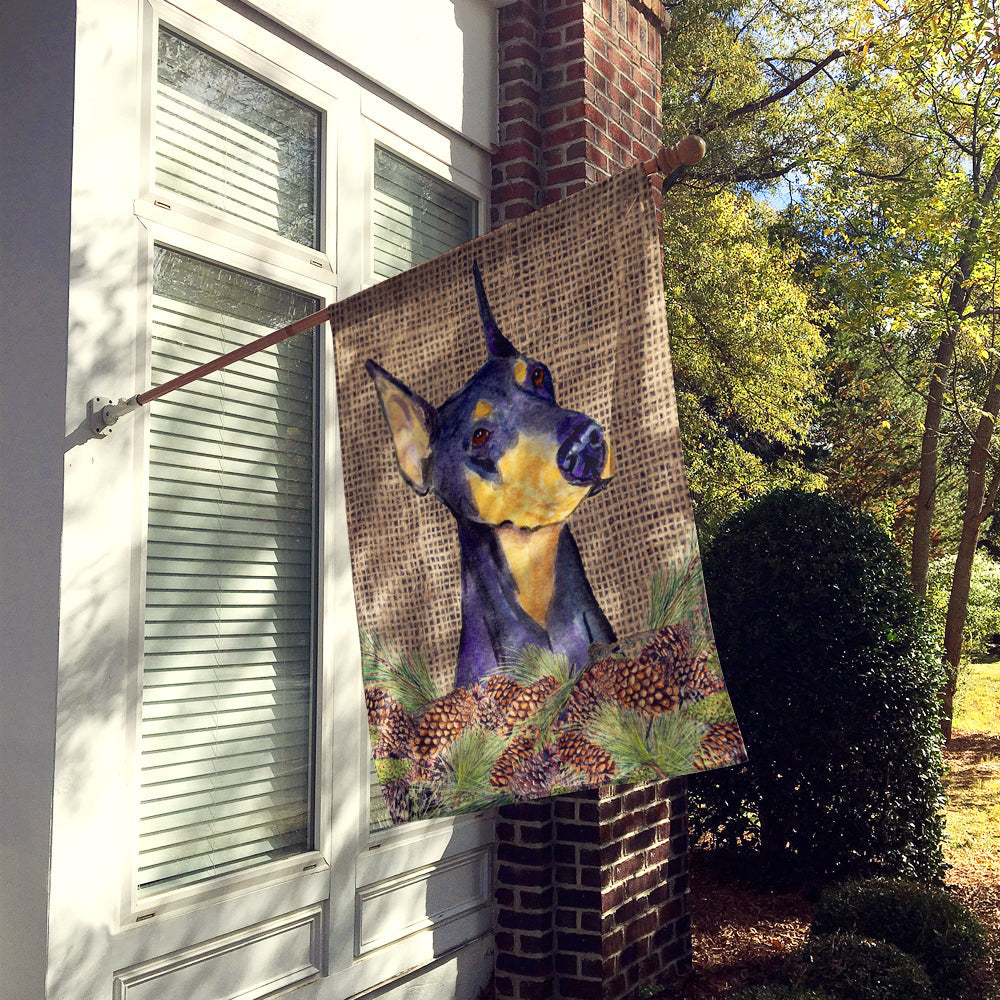 Doberman on Faux Burlap with Pine Cones House Flag 28x40 Porch Sleeve Pole Decorative Outside Yard Banner Artwork Wall Hanging, Polyester