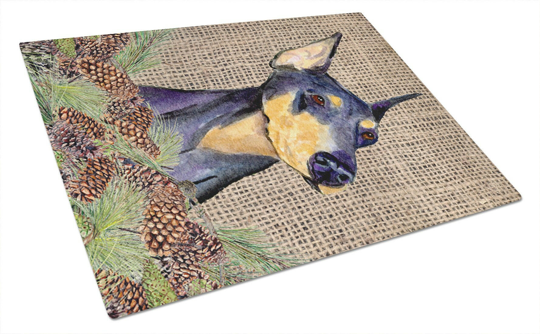 Doberman on Faux Burlap with Pine Cones Cutting Board Tempered Glass Kitchen Cutting Surface, Heat Resistant Chopping, Non-Slip Feet, Food Prep & Serving