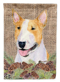 Bull Terrier on Faux Burlap with Pine Cones House Flag 28x40 Porch Sleeve Pole Decorative Outside Yard Banner Artwork Wall Hanging, Polyester