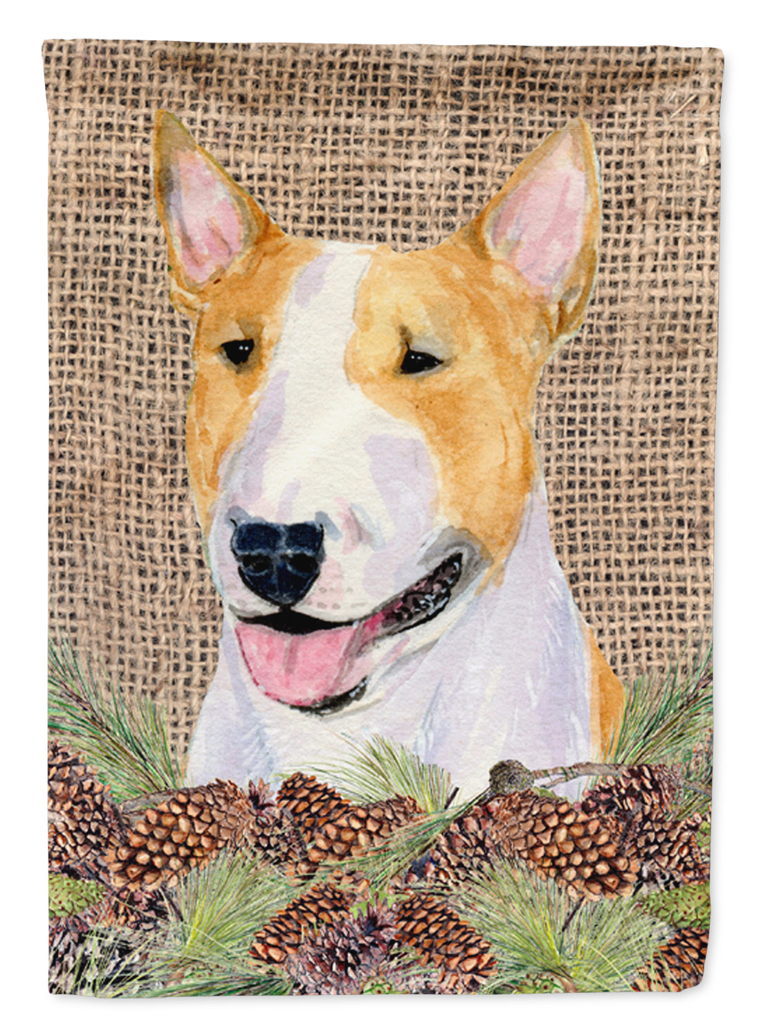 Bull Terrier on Faux Burlap with Pine Cones House Flag 28x40 Porch Sleeve Pole Decorative Outside Yard Banner Artwork Wall Hanging, Polyester