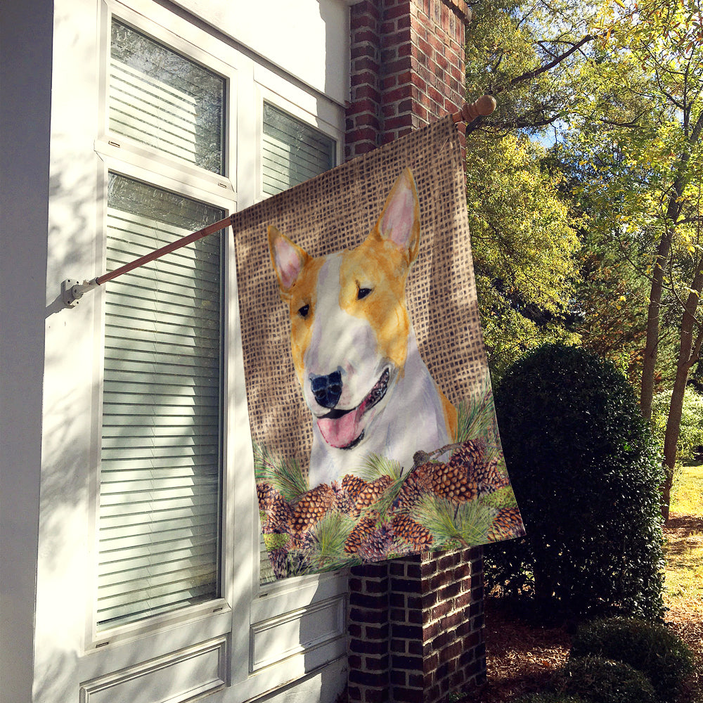Bull Terrier on Faux Burlap with Pine Cones House Flag 28x40 Porch Sleeve Pole Decorative Outside Yard Banner Artwork Wall Hanging, Polyester