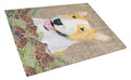 Bull Terrier on Faux Burlap with Pine Cones Cutting Board Tempered Glass Kitchen Cutting Surface, Heat Resistant Chopping, Non-Slip Feet, Food Prep & Serving