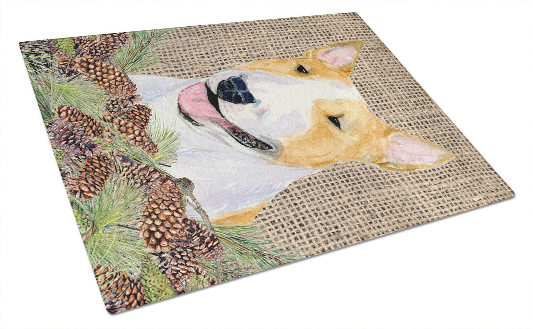 Bull Terrier on Faux Burlap with Pine Cones Cutting Board Tempered Glass Kitchen Cutting Surface, Heat Resistant Chopping, Non-Slip Feet, Food Prep & Serving