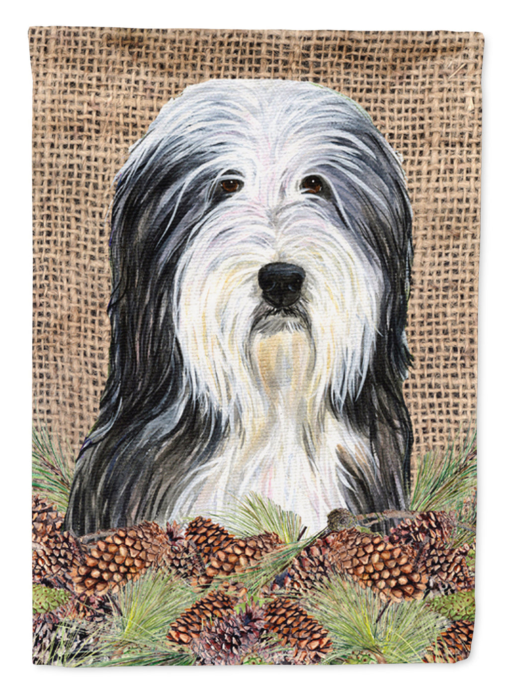 Bearded Collie on Faux Burlap with Pine Cones House Flag 28x40 Porch Sleeve Pole Decorative Outside Yard Banner Artwork Wall Hanging, Polyester