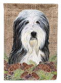 Bearded Collie on Faux Burlap with Pine Cones House Flag 28x40 Porch Sleeve Pole Decorative Outside Yard Banner Artwork Wall Hanging, Polyester
