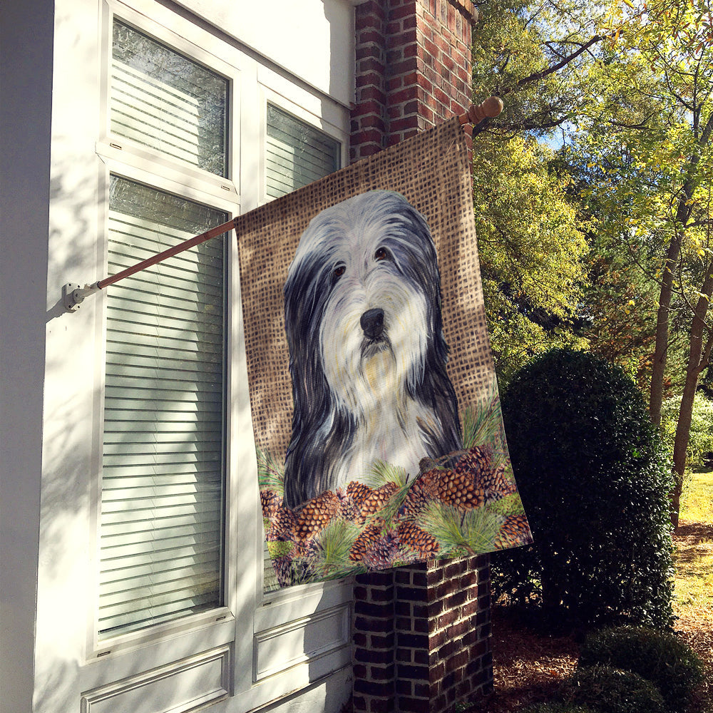 Bearded Collie on Faux Burlap with Pine Cones House Flag 28x40 Porch Sleeve Pole Decorative Outside Yard Banner Artwork Wall Hanging, Polyester
