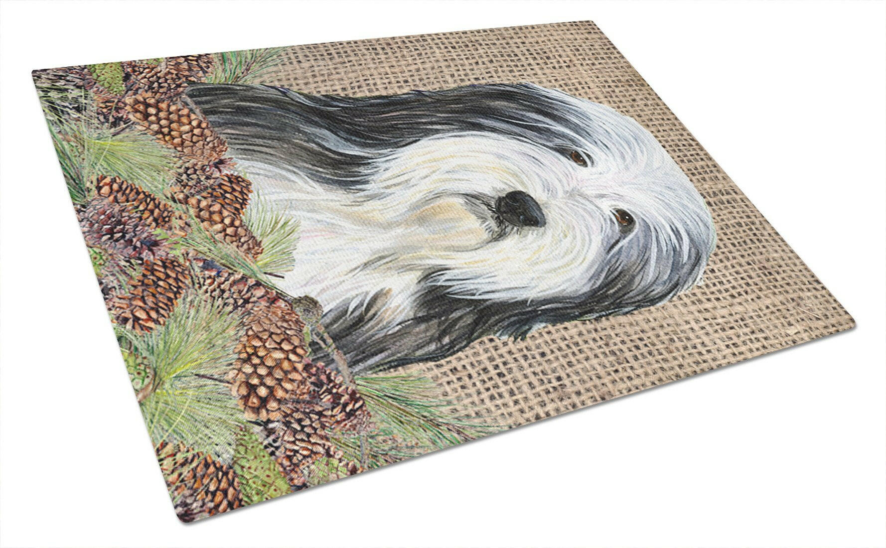 Bearded Collie on Faux Burlap with Pine Cones Cutting Board Tempered Glass Kitchen Cutting Surface, Heat Resistant Chopping, Non-Slip Feet, Food Prep & Serving