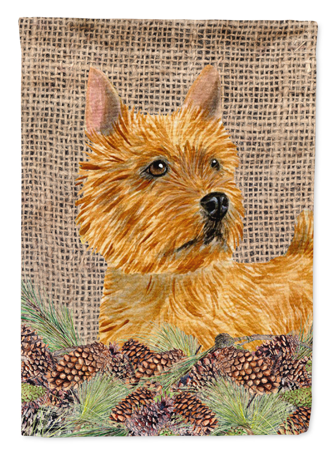Norwich Terrier on Faux Burlap with Pine Cones House Flag 28x40 Porch Sleeve Pole Decorative Outside Yard Banner Artwork Wall Hanging, Polyester