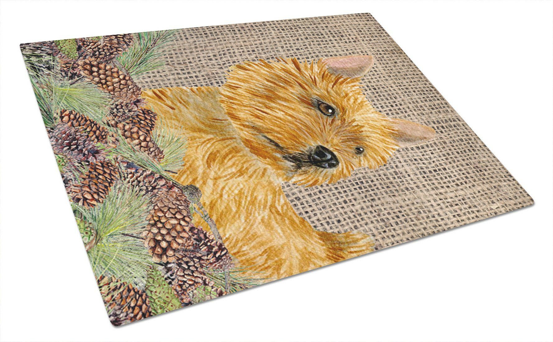Norwich Terrier on Faux Burlap with Pine Cones Cutting Board Tempered Glass Kitchen Cutting Surface, Heat Resistant Chopping, Non-Slip Feet, Food Prep & Serving
