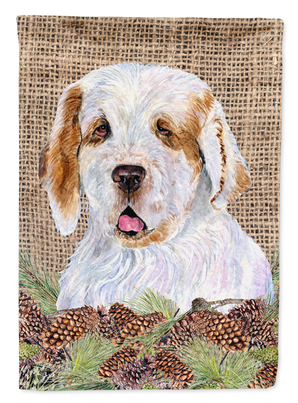 Clumber Spaniel on Faux Burlap with Pine Cones House Flag 28x40 Porch Sleeve Pole Decorative Outside Yard Banner Artwork Wall Hanging, Polyester