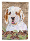 Clumber Spaniel on Faux Burlap with Pine Cones House Flag 28x40 Porch Sleeve Pole Decorative Outside Yard Banner Artwork Wall Hanging, Polyester