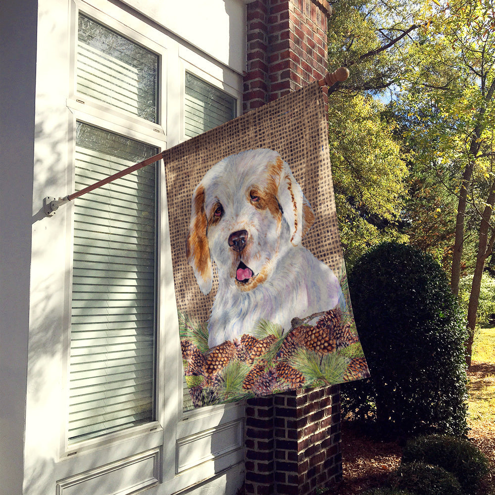 Clumber Spaniel on Faux Burlap with Pine Cones House Flag 28x40 Porch Sleeve Pole Decorative Outside Yard Banner Artwork Wall Hanging, Polyester