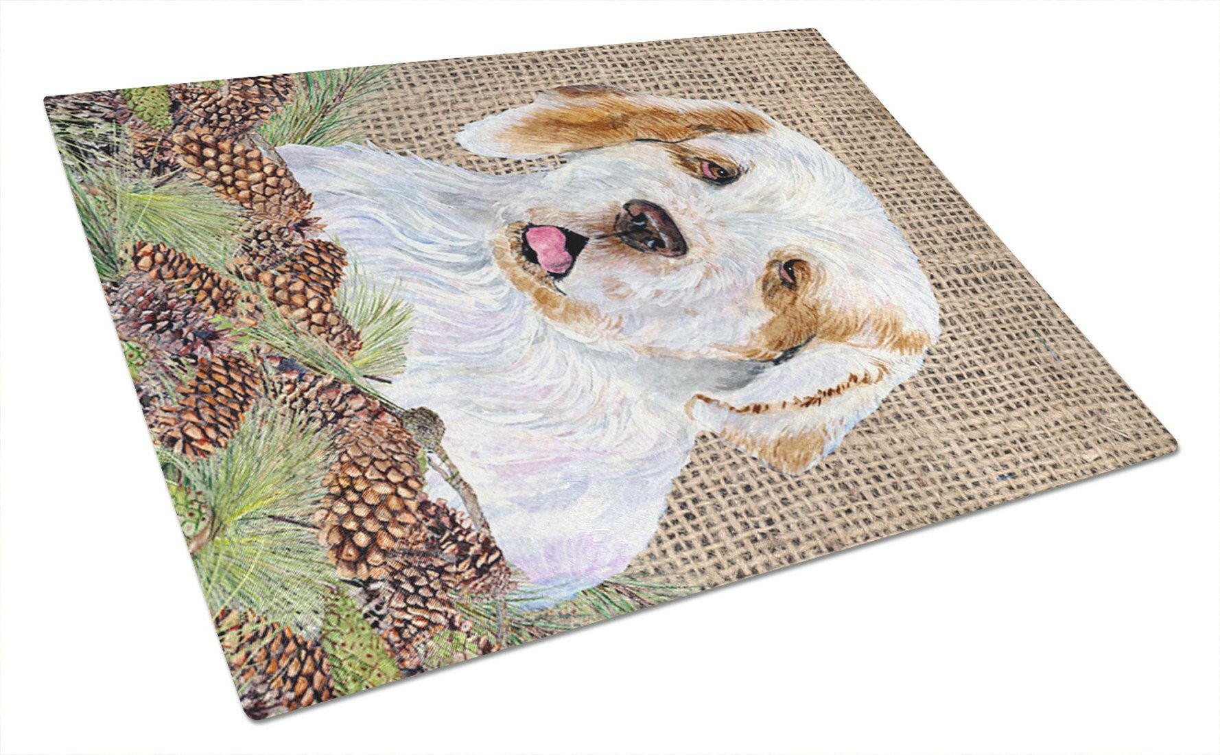 Clumber Spaniel on Faux Burlap with Pine Cones Cutting Board Tempered Glass Kitchen Cutting Surface, Heat Resistant Chopping, Non-Slip Feet, Food Prep & Serving