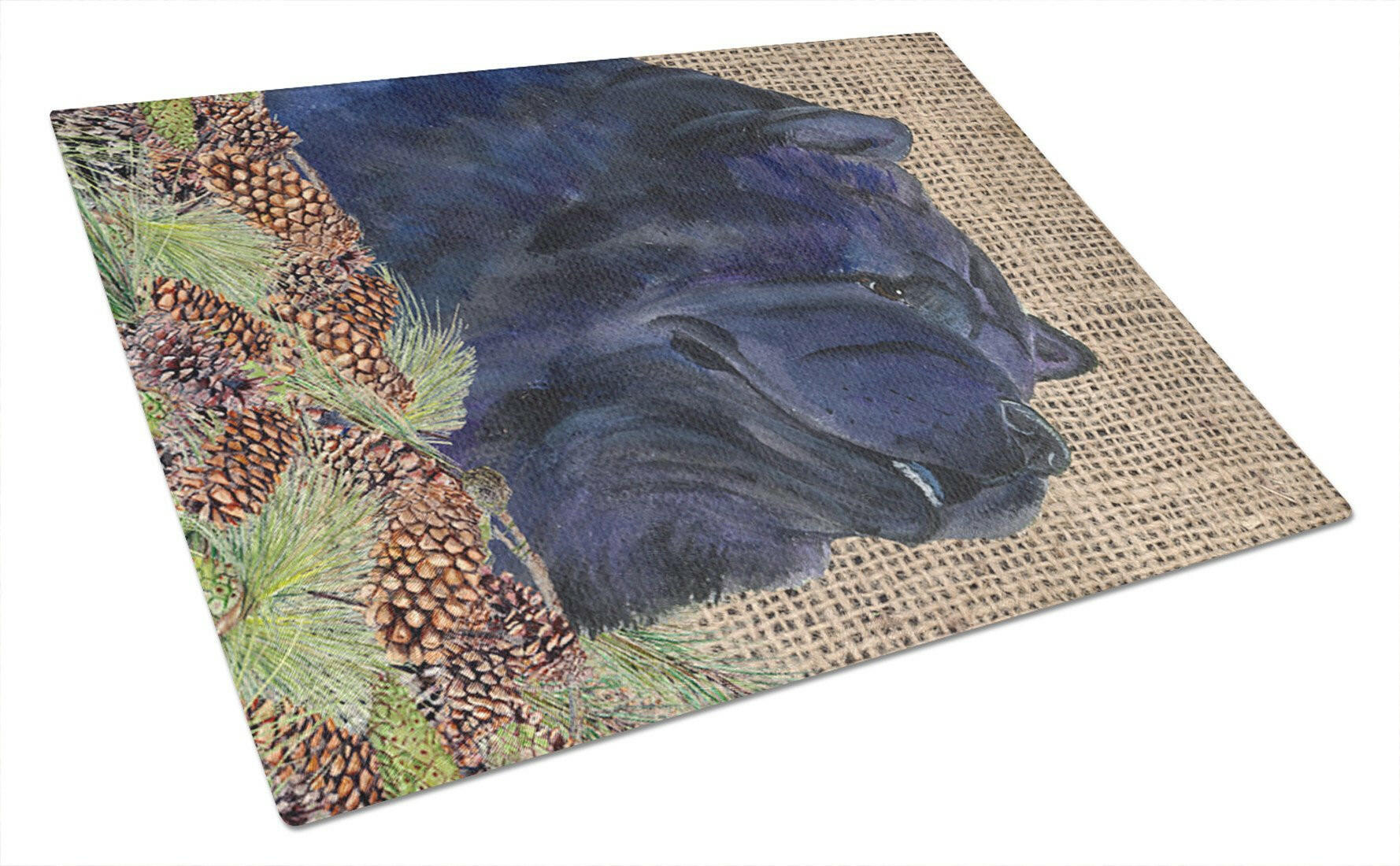 Chow Chow on Faux Burlap with Pine Cones Cutting Board Tempered Glass Kitchen Cutting Surface, Heat Resistant Chopping, Non-Slip Feet, Food Prep & Serving