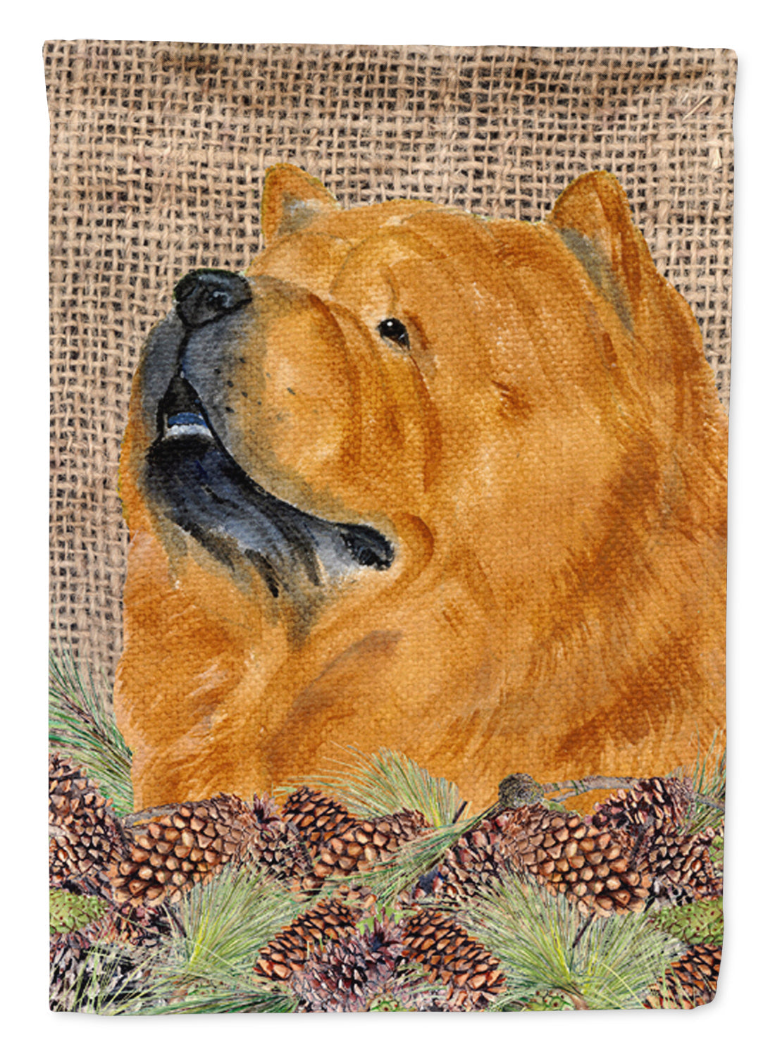Chow Chow on Faux Burlap with Pine Cones House Flag 28x40 Porch Sleeve Pole Decorative Outside Yard Banner Artwork Wall Hanging, Polyester