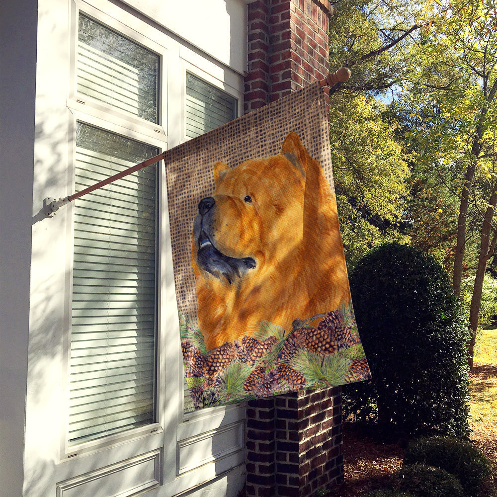 Chow Chow on Faux Burlap with Pine Cones House Flag 28x40 Porch Sleeve Pole Decorative Outside Yard Banner Artwork Wall Hanging, Polyester