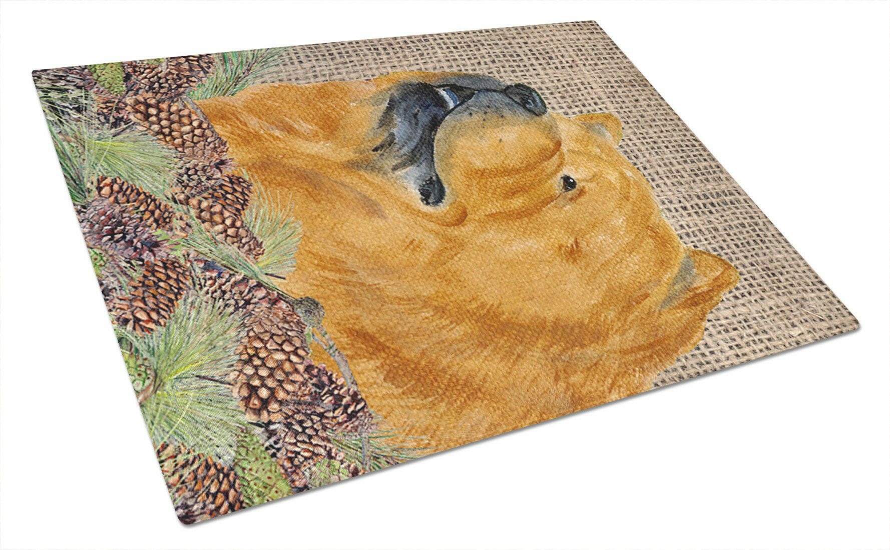 Chow Chow on Faux Burlap with Pine Cones Cutting Board Tempered Glass Kitchen Cutting Surface, Heat Resistant Chopping, Non-Slip Feet, Food Prep & Serving