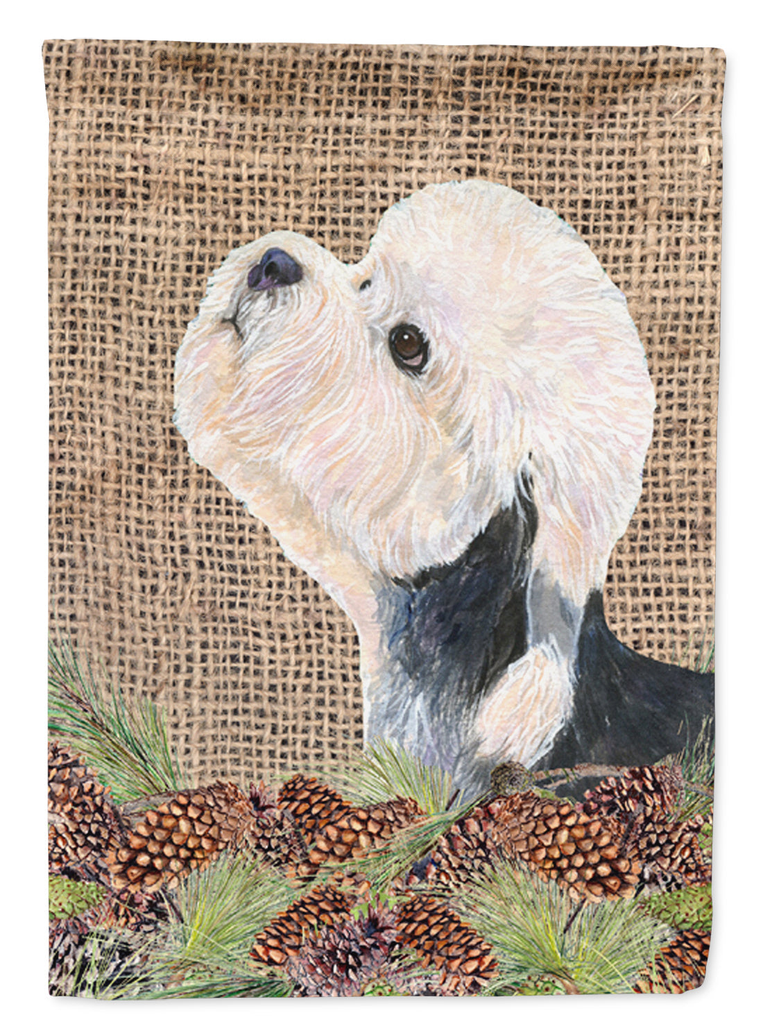 Dandie Dinmont Terrier on Faux Burlap with Pine Cones House Flag 28x40 Porch Sleeve Pole Decorative Outside Yard Banner Artwork Wall Hanging, Polyester