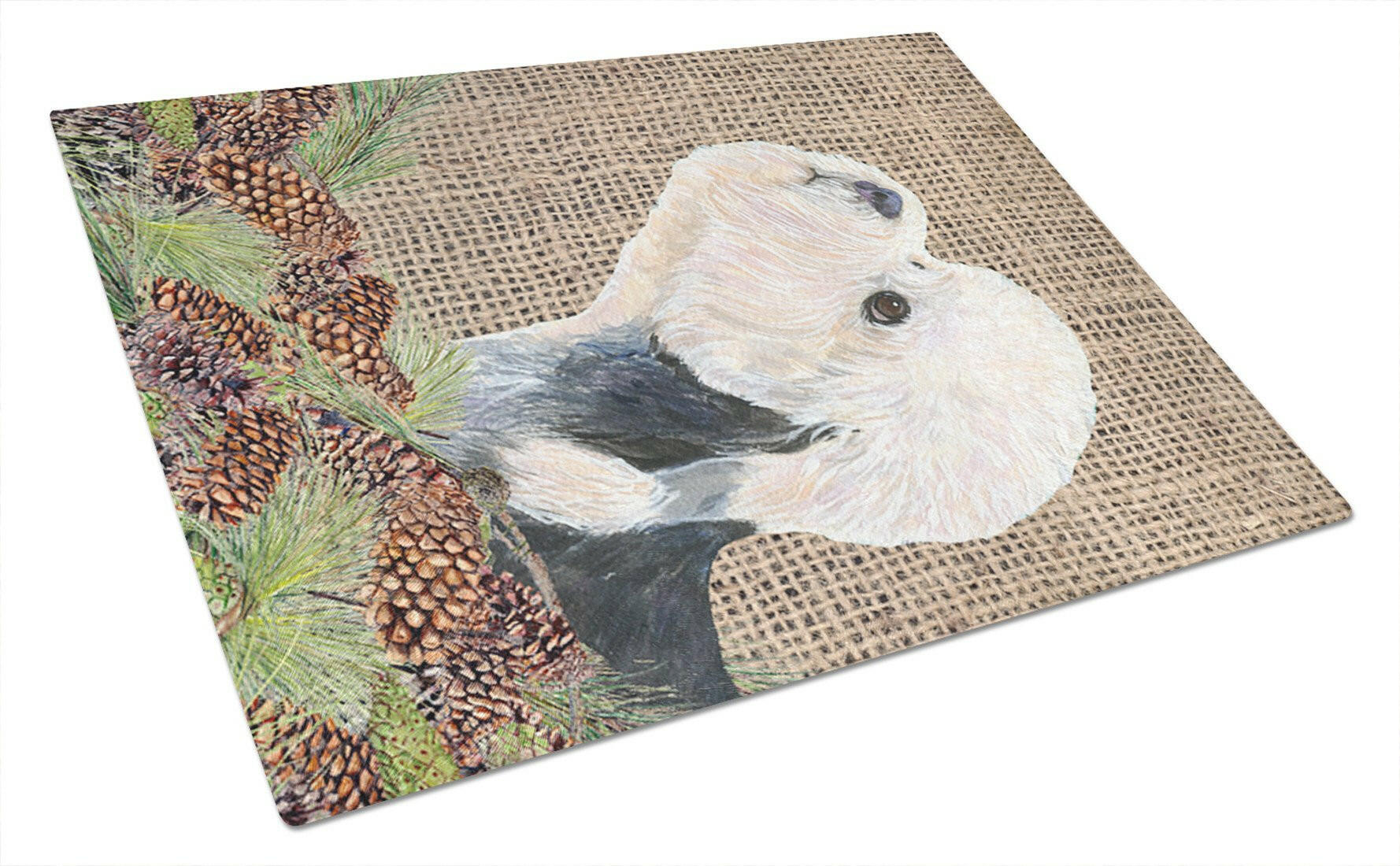 Dandie Dinmont Terrier on Faux Burlap with Pine Cones Cutting Board Tempered Glass Kitchen Cutting Surface, Heat Resistant Chopping, Non-Slip Feet, Food Prep & Serving