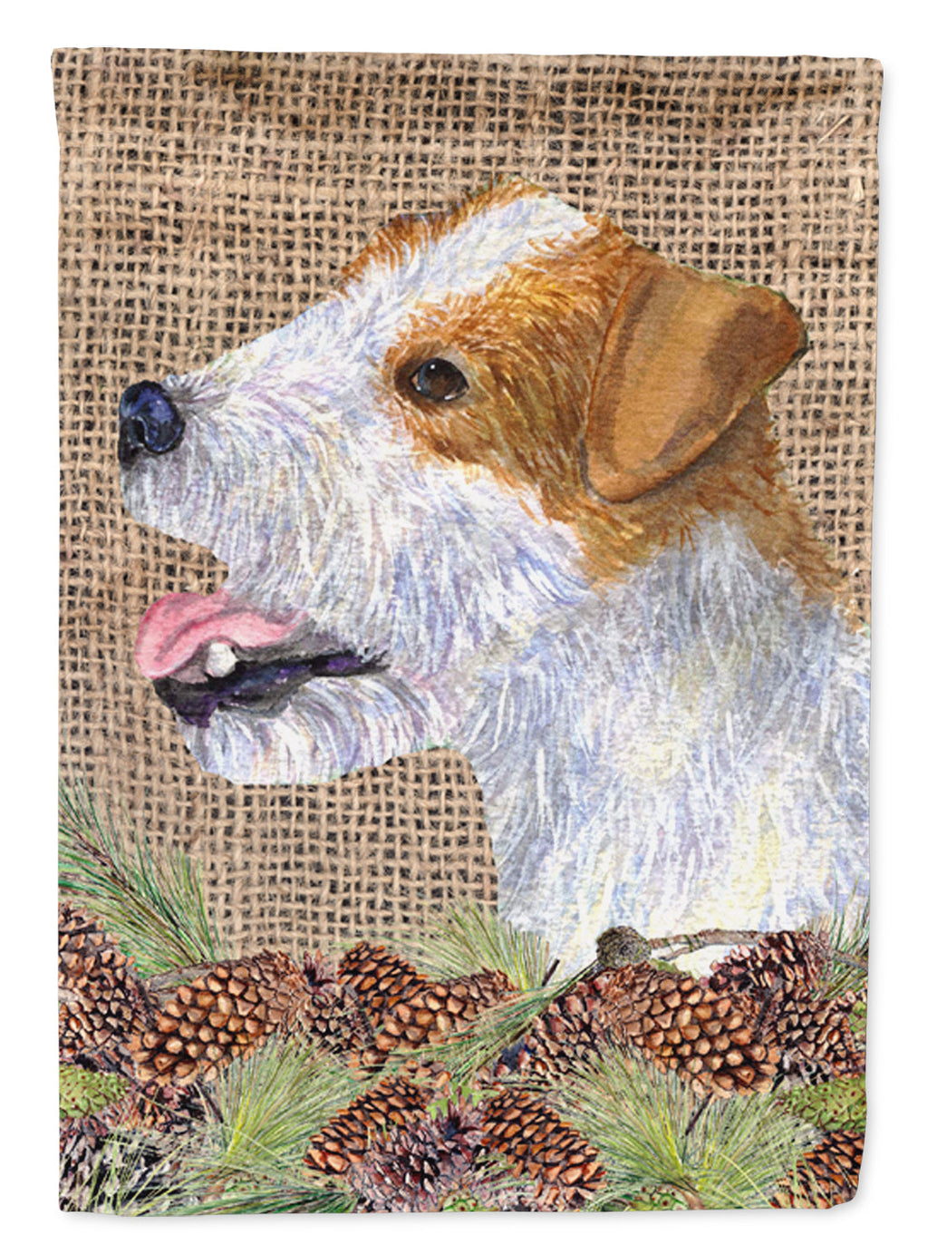 Jack Russell Terrier on Faux Burlap with Pine Cones House Flag 28x40 Porch Sleeve Pole Decorative Outside Yard Banner Artwork Wall Hanging, Polyester