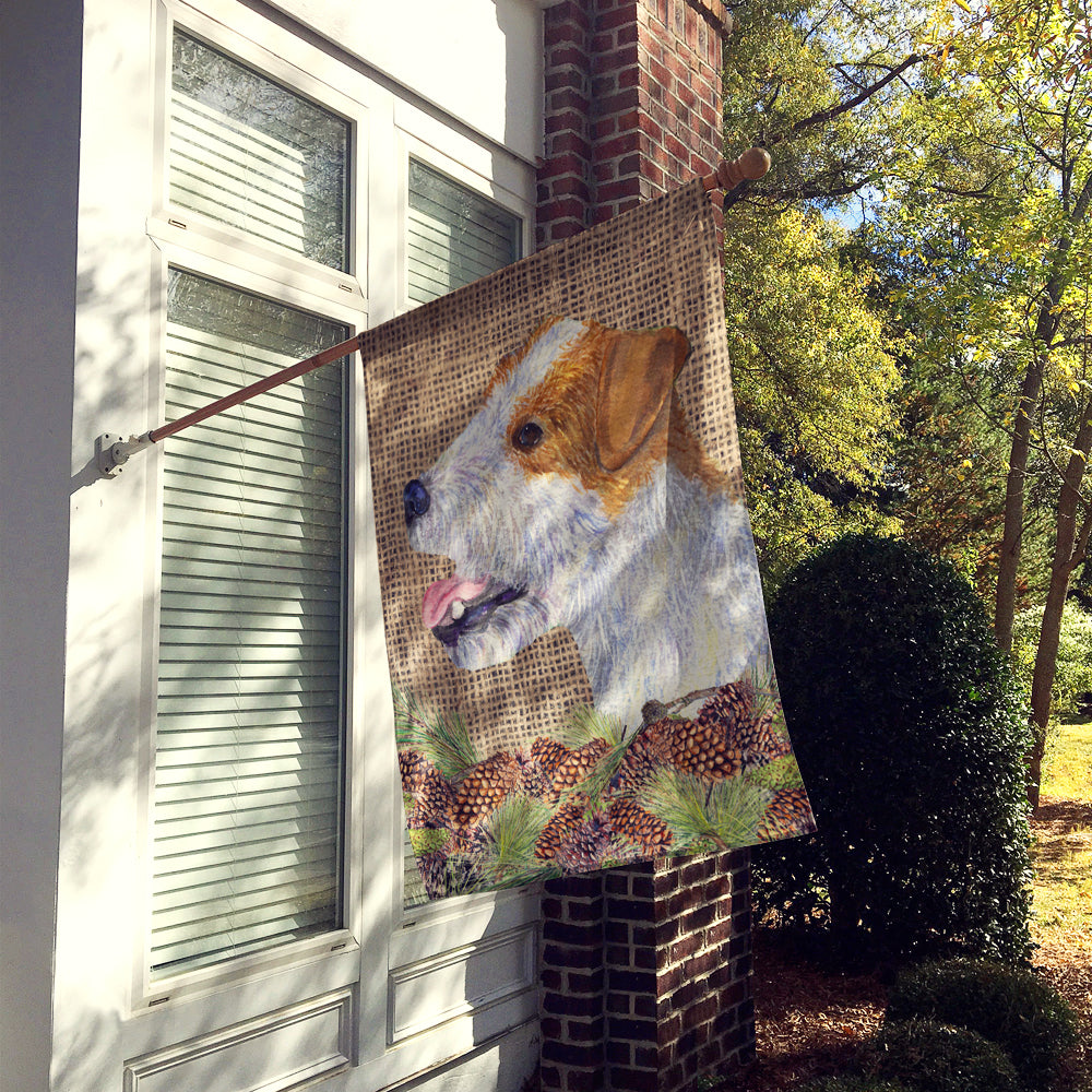 Jack Russell Terrier on Faux Burlap with Pine Cones House Flag 28x40 Porch Sleeve Pole Decorative Outside Yard Banner Artwork Wall Hanging, Polyester