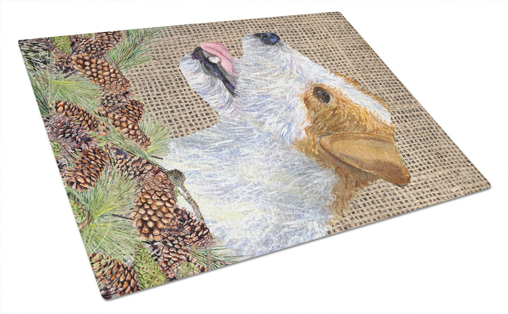 Jack Russell Terrier on Faux Burlap with Pine Cones Cutting Board Tempered Glass Kitchen Cutting Surface, Heat Resistant Chopping, Non-Slip Feet, Food Prep & Serving