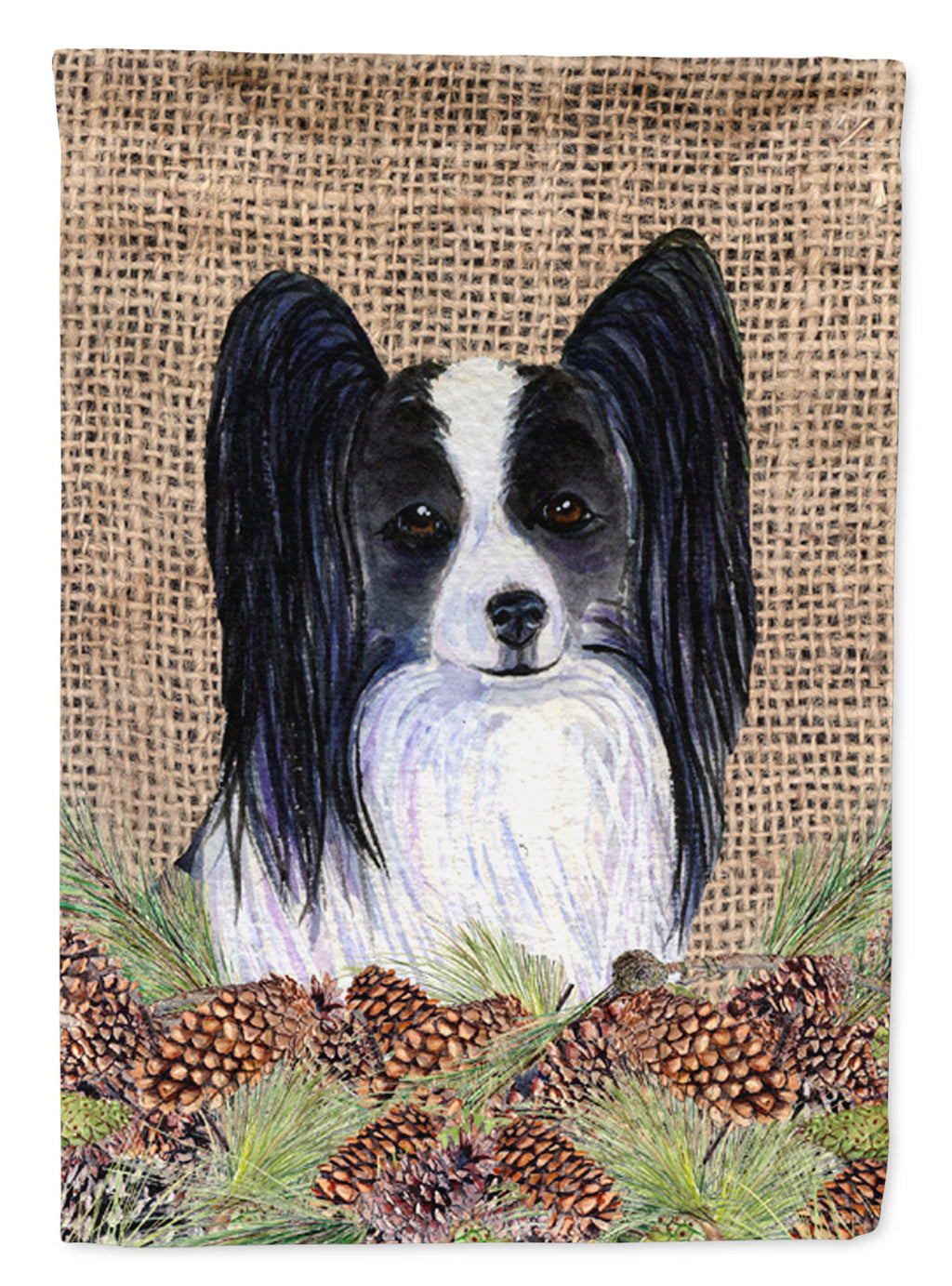 Papillon on Faux Burlap with Pine Cones House Flag 28x40 Porch Sleeve Pole Decorative Outside Yard Banner Artwork Wall Hanging, Polyester