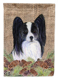 Papillon on Faux Burlap with Pine Cones House Flag 28x40 Porch Sleeve Pole Decorative Outside Yard Banner Artwork Wall Hanging, Polyester