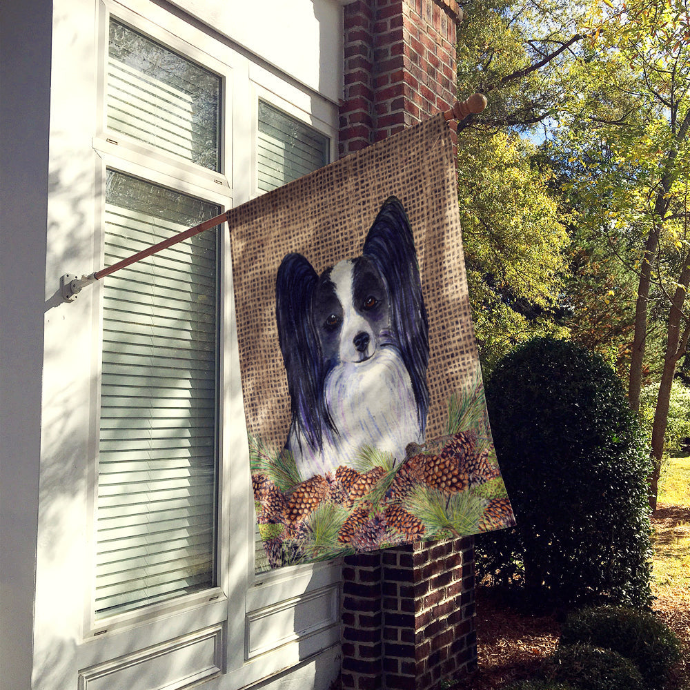 Papillon on Faux Burlap with Pine Cones House Flag 28x40 Porch Sleeve Pole Decorative Outside Yard Banner Artwork Wall Hanging, Polyester